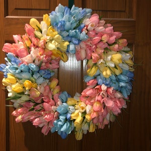 Tulip Wreath, Spring Wreath, Easter Wreath, Pink/Blush Blue Yellow Tulips,  Mother’s Day Gift, Door or Wall Wreath