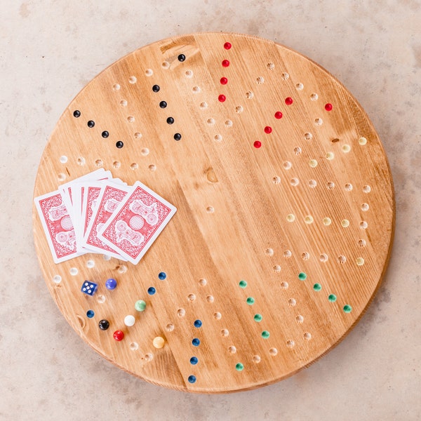 18 inch; 4 and 6 Player Aggravation; solid wood game board; marbles and cards; wahoo