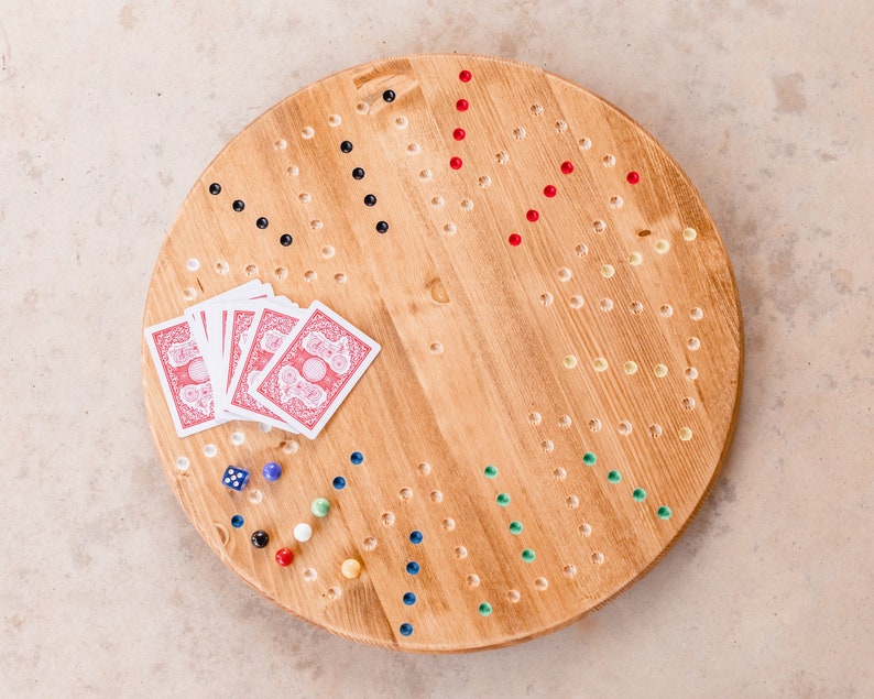 18 inch; 4 and 6 Player Aggravation; solid wood game board; marbles and cards; wahoo