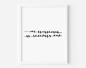 Bird Print, Digital Download, Large Poster Print, Birds On A Line, Birds Decor, Birds Silhouette, Flock of Birds, Minimalist Art, Modern Art