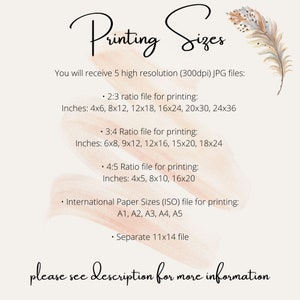May include: A text-based graphic with a pink and white watercolor background. The text reads "Printing Sizes" and lists the different sizes of digital files available for printing. The sizes are listed in inches and include 2:3, 3:4, and 4:5 ratios, as well as international paper sizes (ISO) like A1, A2, A3, A4, and A5. The graphic also includes a separate 11x14 file.