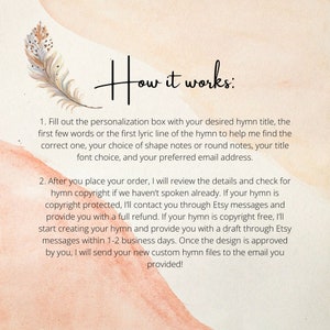 May include: A light pink and peach watercolor background with a handwritten text overlay that reads "How it works:". The text describes the process for creating custom hymn arrangements, including details about personalization, copyright, and delivery.
