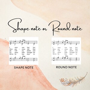 May include: Two images showing the difference between shape note and round note musical notation. The lyrics are "I once was lost but that How pre-cious did that He will my shield and Tis grace hath brought me We've no less days to"