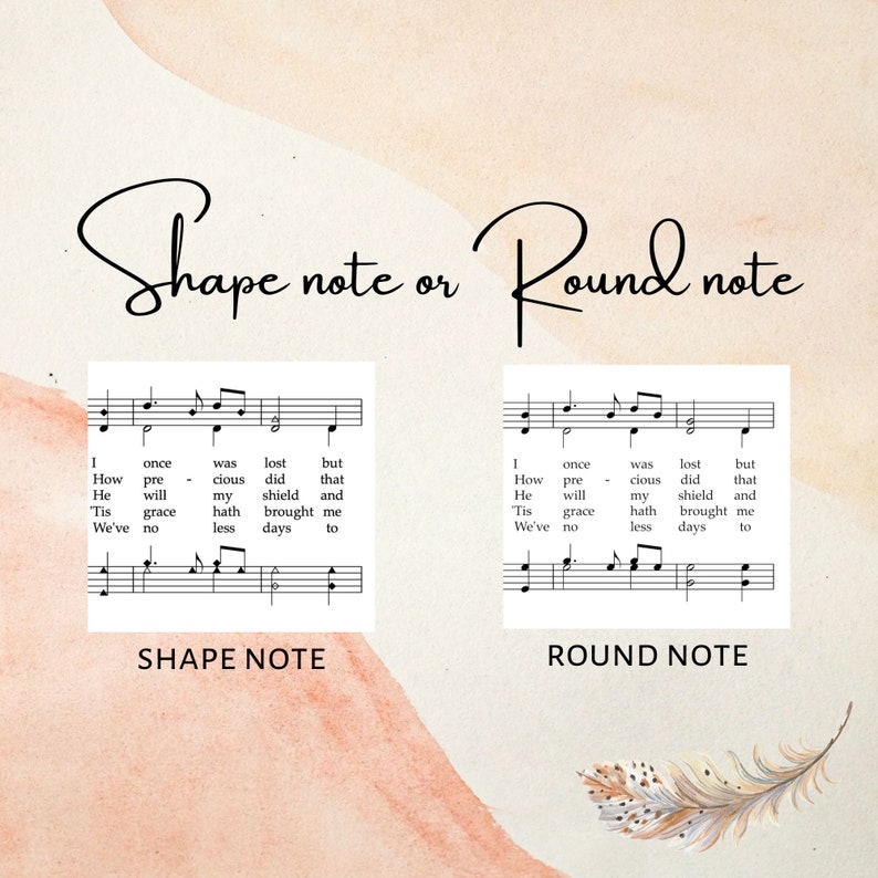 May include: Two images showing the difference between shape note and round note musical notation. The lyrics are "I once was lost but that How pre-cious did that He will my shield and Tis grace hath brought me We've no less days to"