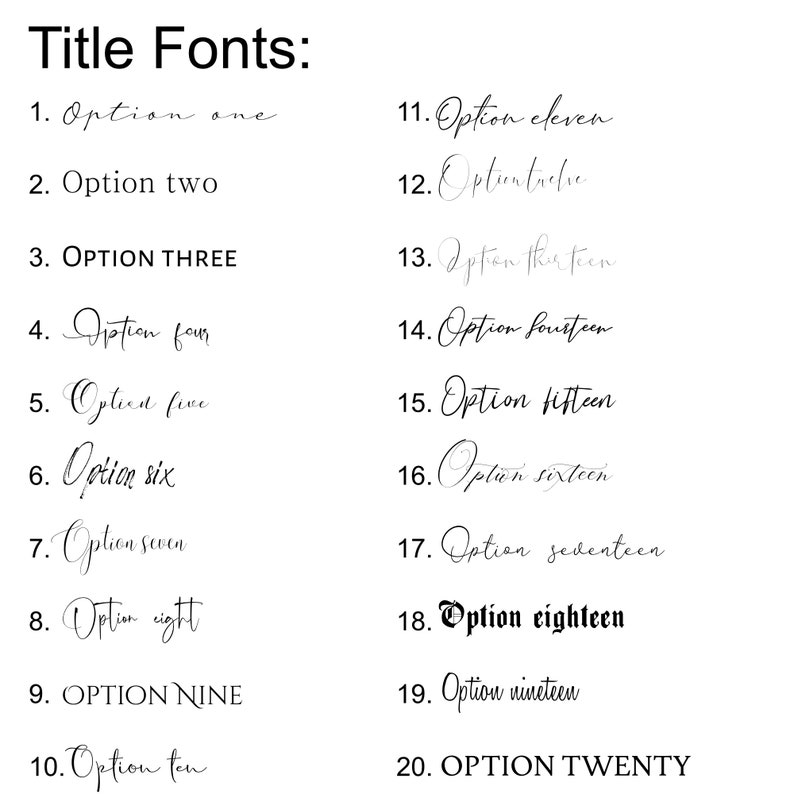 May include: A list of 20 different font styles, numbered 1 through 20, with the word "Option" followed by the number in each style. The title of the list is "Title Fonts".