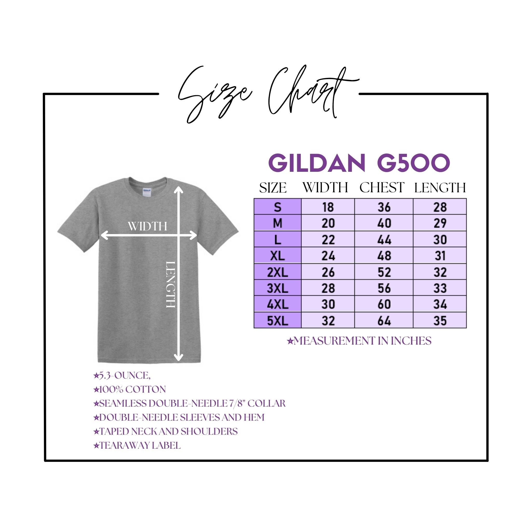 Gildan G500 Crewneck T-shirt Size Chart Gildan Heavy Cotton | Etsy