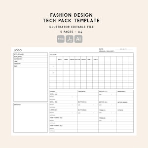 May include: A fashion design tech pack template in A4 size, featuring an editable Illustrator file with 5 pages. The document includes sections for logo, style details, color charts, fabric specifications, threads, zippers, and washing instructions.