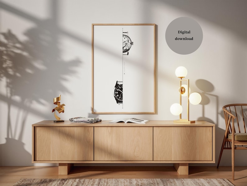 Mechanical Watch Wall Art Horology Print Minimalist Technical Illustration Drawing Movement Blueprint Design Engineering Poster Watchmaker Gift Man Office Study Room Library Professional Space Timepiece Mechanics Precision Craftsmanship
