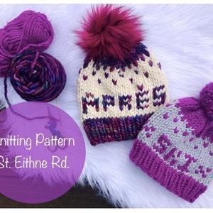 May include: Two knitted hats with pom-poms, one white with purple and blue accents and the word "MARES" knitted in, the other purple with gray accents and the word "EMMA" knitted in.  Knitting pattern St. Eithne Rd.