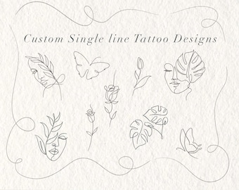 Op de afbeelding: Een set van negen enkellijns tattoo-ontwerpen met een vlinder, een roos, een blad en een gezicht. De ontwerpen zijn minimalistisch en elegant, perfect voor een kleine tattoo.