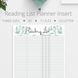 Reading Journal Insert for Planner, Instant Download, A5, US Letter, Happy Planner Size (7x9.25)