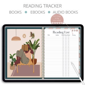May include: A digital planner on a tablet screen with a reading list tracker. The planner has sections for books, ebooks, and audiobooks. The planner has a light pink background with a green border. The planner has a section for rating books.