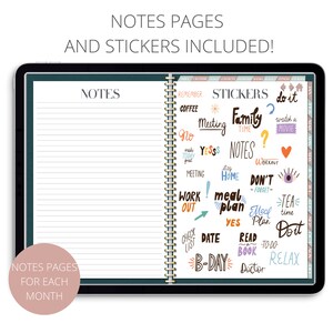 May include: A digital planner with a teal cover and a gold spiral binding. The planner has a notes section and a section for stickers. The stickers are colorful and feature various phrases and designs, such as "do it", "family time", "work out", "meal plan", and "relax".