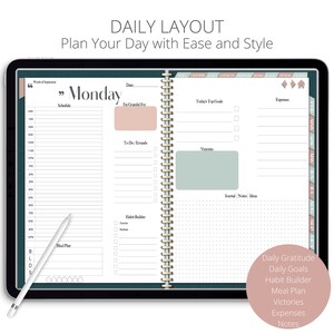 May include: A digital planner app with a daily layout for planning your day. The app has sections for schedule, to-do list, habit builder, meal plan, today's top goals, victories, journal/notes/ideas, expenses, and daily gratitude. The app has a blue and green color scheme.
