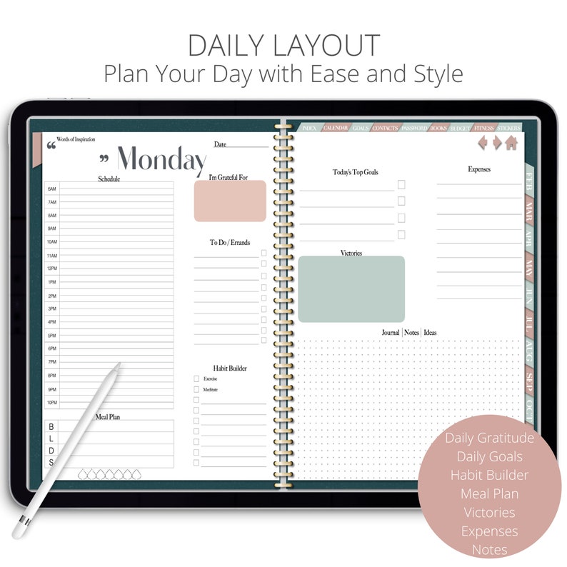 May include: A digital planner app with a daily layout for planning your day. The app has sections for schedule, to-do list, habit builder, meal plan, today's top goals, victories, journal/notes/ideas, expenses, and daily gratitude. The app has a blue and green color scheme.