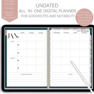 May include: A digital planner for Goodnotes and Notability with a teal and pink color scheme. The planner includes a monthly calendar, to-do list, habit tracker, and notes section. The planner is undated and includes stickers.