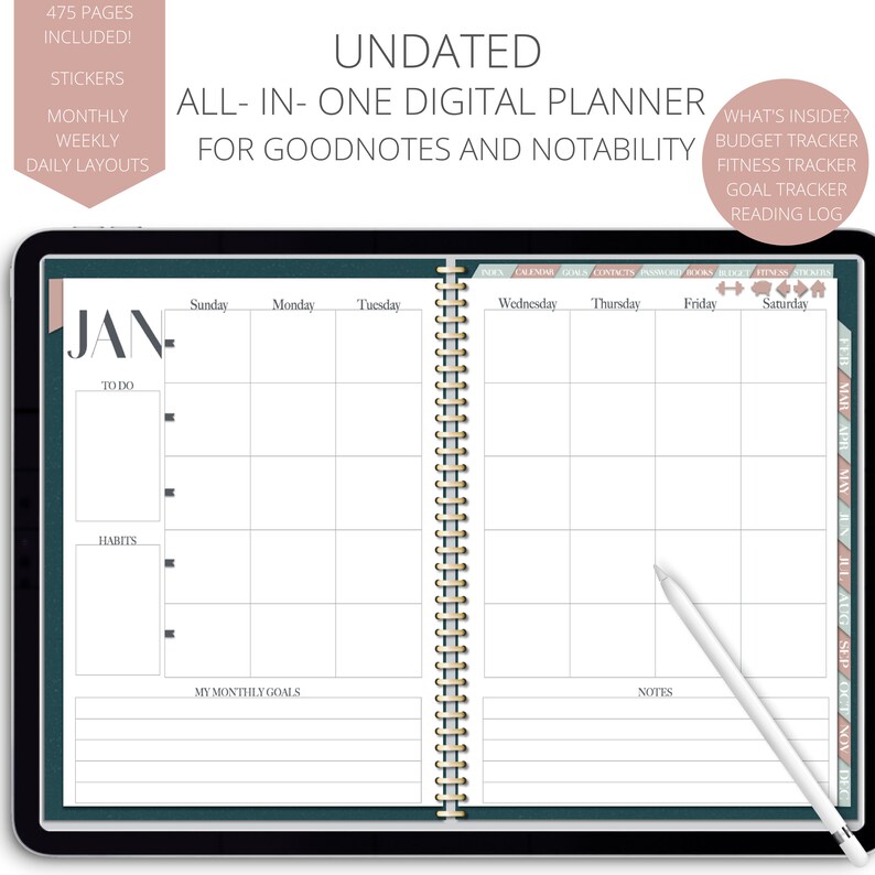 May include: A digital planner for Goodnotes and Notability with a teal and pink color scheme. The planner includes a monthly calendar, to-do list, habit tracker, and notes section. The planner is undated and includes stickers.