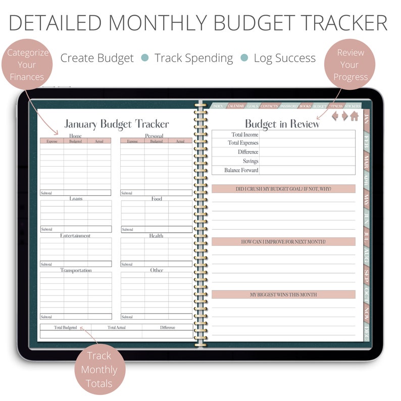 May include: A digital planner with a teal and pink color scheme. The planner is open to a page titled "January Budget Tracker" and a page titled "Budget in Review". The planner includes sections for tracking income, expenses, savings, and goals.