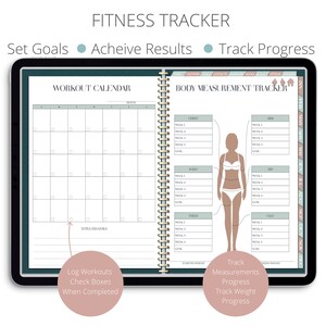 May include: A fitness tracker planner with a green and white workout calendar on the left page and a body measurement tracker on the right page. The body measurement tracker includes a silhouette of a person with lines for measuring different body parts. The text "Track Measurements Progress Track Weight Progress" is at the bottom of the page.