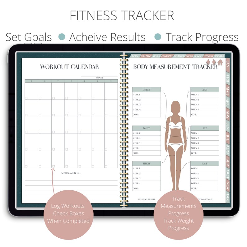 May include: A fitness tracker planner with a green and white workout calendar on the left page and a body measurement tracker on the right page. The body measurement tracker includes a silhouette of a person with lines for measuring different body parts. The text "Track Measurements Progress Track Weight Progress" is at the bottom of the page.