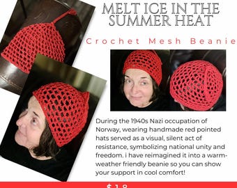 Crochet Mesh Cotton Protest Red Hat - Norwegian Braid Beanie - Hot Weather Alternative
