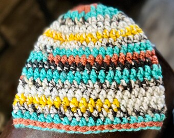Hand-Crocheted Chunky Beanie – Southwestern Turquoise Acrylic Winter Hat