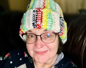 Handmade Double Thick Crochet Beanie – Marbled Acrylic Winter Hat