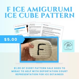 May include: A crochet pattern for an ice cube amigurumi. The image shows a crocheted ice cube with the letter "F" on it, displayed on a laptop screen. The pattern includes instructions and is available for purchase.