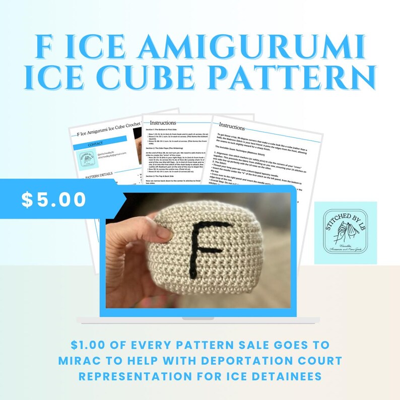 May include: A crochet pattern for an ice cube amigurumi. The image shows a crocheted ice cube with the letter "F" on it, displayed on a laptop screen. The pattern includes instructions and is available for purchase.