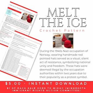 May include: A crochet pattern titled "Melt the Ice" with instructions and a photo of red pointed hats. The text explains the hats' historical significance as a symbol of resistance during the Nazi occupation of Norway.
