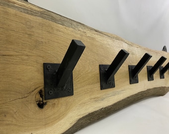 Live Edge Oak Coat Rack: Handmade Rustic Metal Hook Wall Hanger