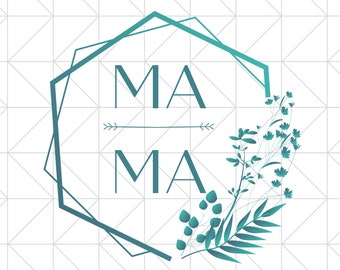 May include: A teal green geometric frame with the word "MAMA" inside. The frame is surrounded by a white background with a subtle grid pattern. Delicate teal green floral sprigs are arranged around the frame.