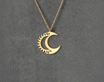 Moon And Sun Necklace: Gold Finish Unique Pendant