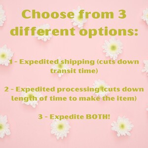 May include: Pink background with white flowers surrounding text that reads "Choose from 3 different options:"  1 - Expedited shipping (cuts down transit time) 2 - Expedited processing (cuts down length of time to make the item) 3 - Expedite BOTH!"