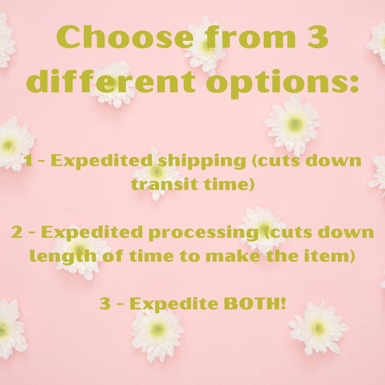May include: Pink background with white flowers surrounding text that reads "Choose from 3 different options:"  1 - Expedited shipping (cuts down transit time) 2 - Expedited processing (cuts down length of time to make the item) 3 - Expedite BOTH!"