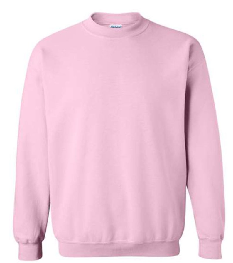 May include: A plain pink sweatshirt with long sleeves and a crew neck.