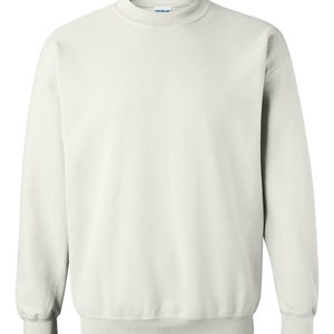 May include: A plain white crew neck sweatshirt with long sleeves and ribbed cuffs.