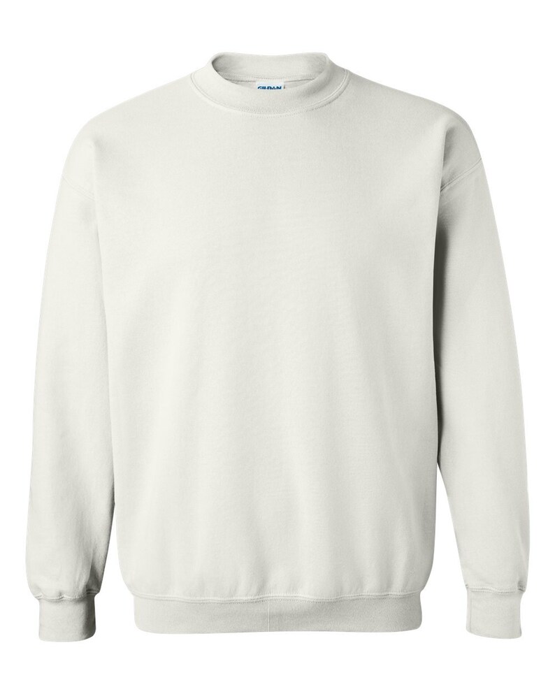 May include: A plain white crew neck sweatshirt with long sleeves and ribbed cuffs.