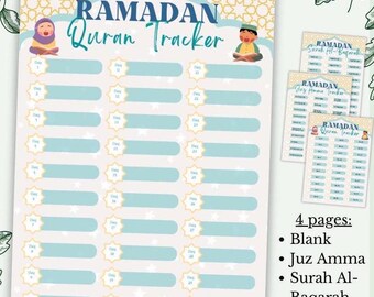Ramadan Quran Reading Tracker for Kids and Adults. 4 Checklists/Charts Included: Blank, Juz Amma, Surah Al-Baqarah & Full Quran. Printable.