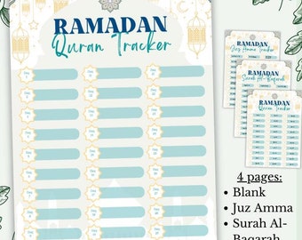Ramadan Quran Reading Tracker for Kids and Adults. 4 Checklists/Charts Included: Blank, Juz Amma, Surah Al-Baqarah & Full Quran. Printable.