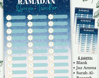 Ramadan Quran Reading Tracker for Kids and Adults. 4 Checklists/Charts Included: Blank, Juz Amma, Surah Al-Baqarah & Full Quran. Printable.