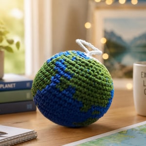 Puede incluir: Un globo terráqueo tejido a ganchillo, con océanos azules y continentes verdes, descansa sobre una superficie de madera. Una presilla blanca está sujeta en la parte superior. Libros titulados "The Blue Planet", "Geography" y "Our Earth" son visibles en el fondo, junto a una taza con "Explore, Learn, Grow".