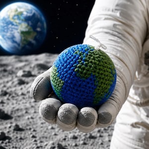 Könnte beinhalten: Ein gehäkelter Erdglobus in Blau und Grün, gehalten von einem Astronauten in einem weißen Raumanzug vor dem Hintergrund des Mondes und der Erde. Der Globus ist detailliert.