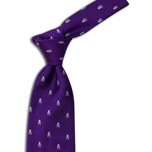 Skull and Crossbones Necktie, Handmade Luxury Silk Necktie, Purple Necktie, Jolly Roger Necktie, No Quarter Necktie