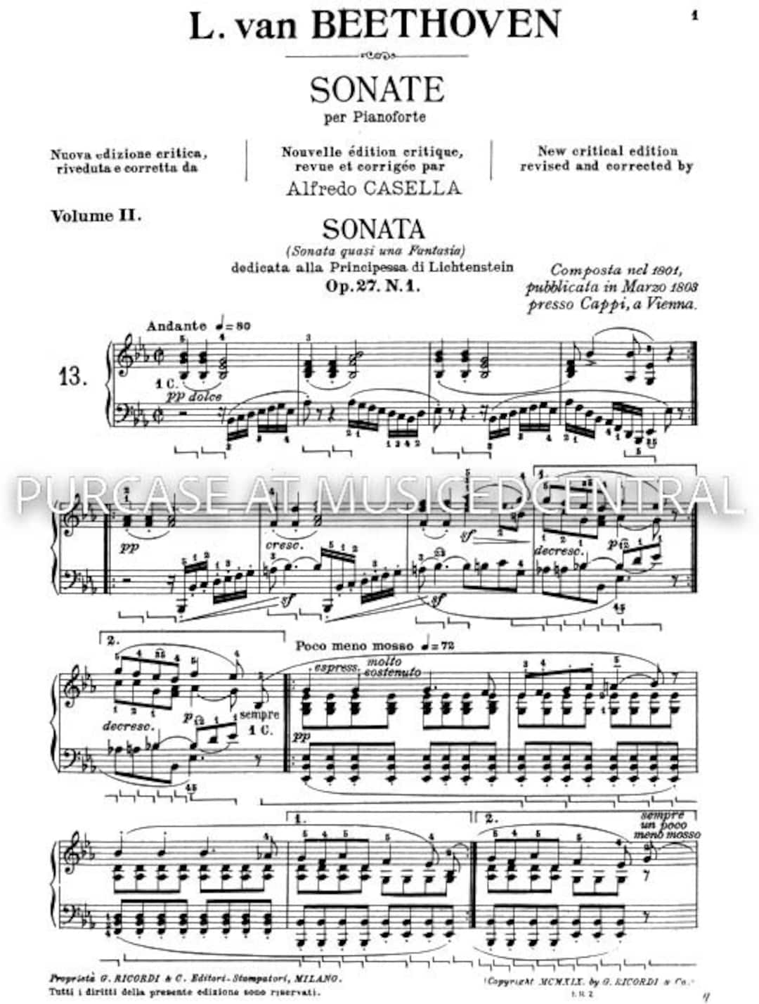 Beethoven Moonlight Sonata Op. 27 No. 1 Downloadable Printable Piano