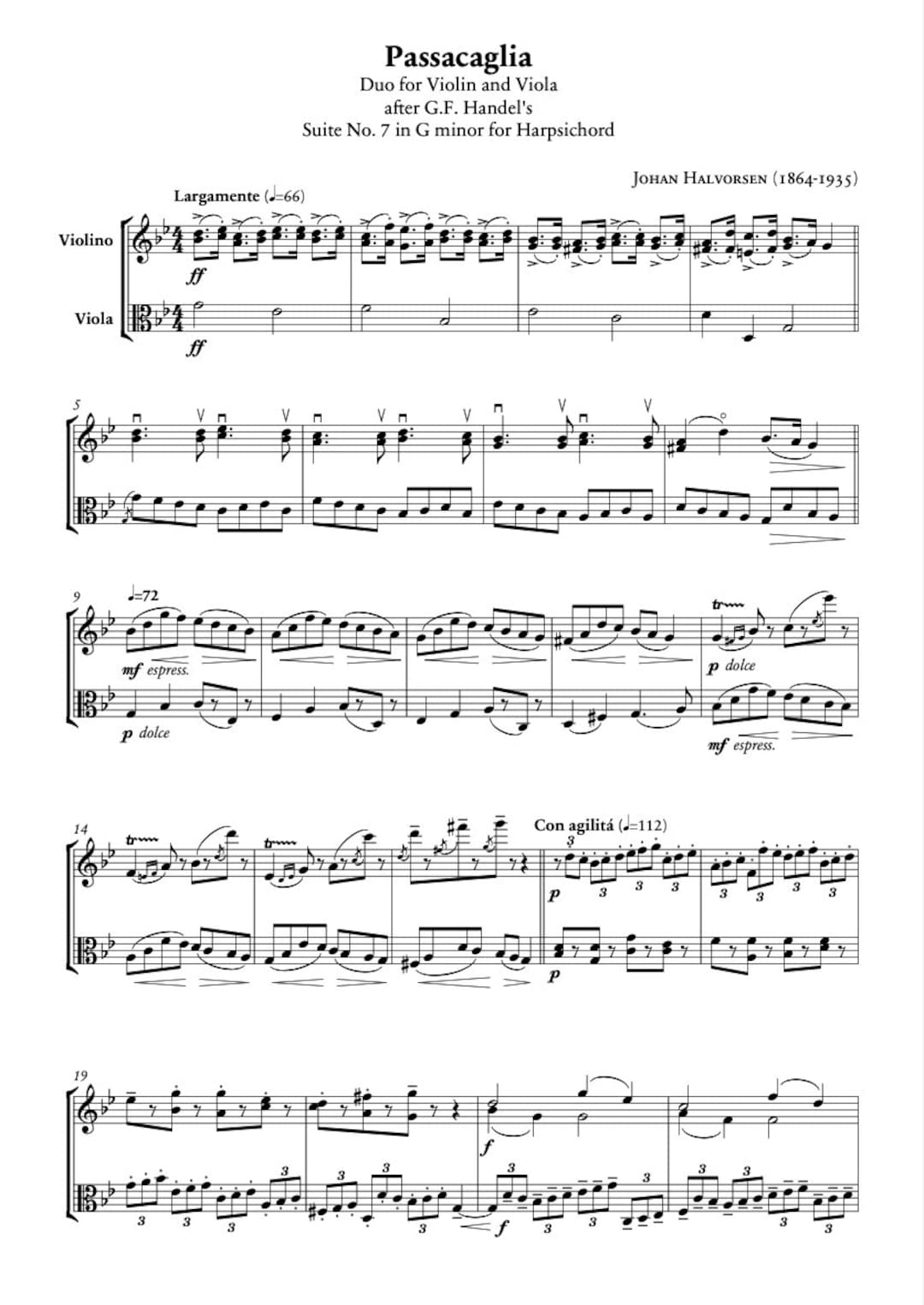 Passacaglia for Violin and Viola by Johan Halvorsen Complete Score and
