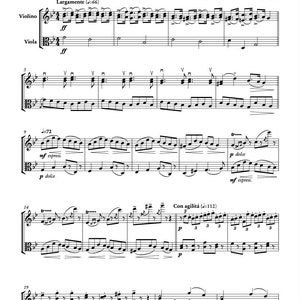 May include: Sheet music for a violin and viola duet titled "Passacaglia" by Johan Halvorsen. The music is written in the key of G minor and is in the style of G.F. Handel. The piece is divided into three sections, each with its own tempo marking. The first section is marked "Largamente (J=66)", the second section is marked "J=72", and the third section is marked "Con agilitá (J=112)".