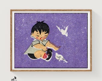 Boy Playing with Birds - Matchbox Print - Aesthetic Wall Art - Vintage Eastern Europe Art - Matchbox Wall Poster - Vintage Poster Print