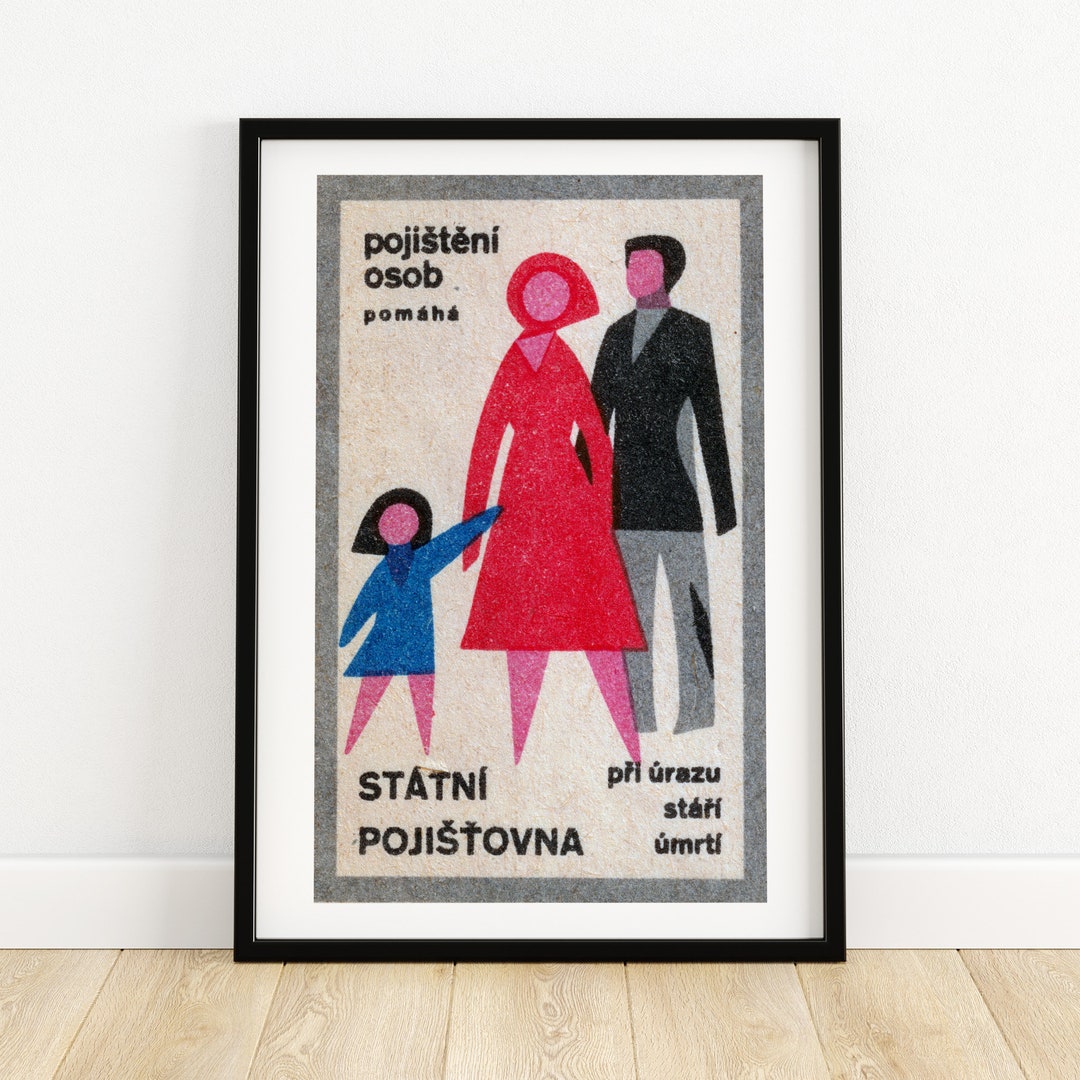 Mother and Father With Daughter Matchbox Print Czech Wall Art Vintage