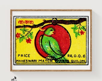 Jamaicansk papegoja med tändsticksask, konsttryck, jamaicansk vintage folkkonst (lekfull dekor)